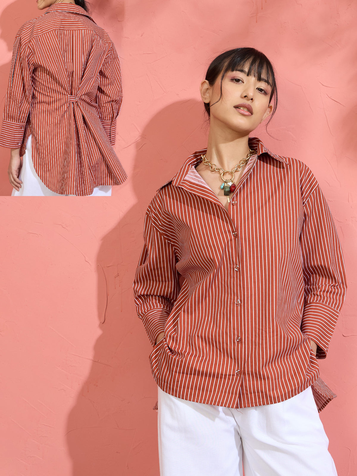 Brown Pin Stripe High-Low Oversized Shirt-Pink Paprika by SASSAFRAS