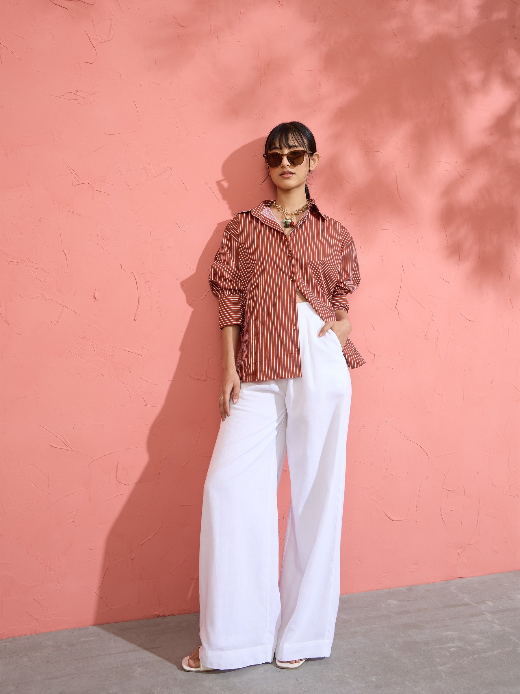 Brown Pin Stripe High-Low Oversized Shirt-Pink Paprika by SASSAFRAS