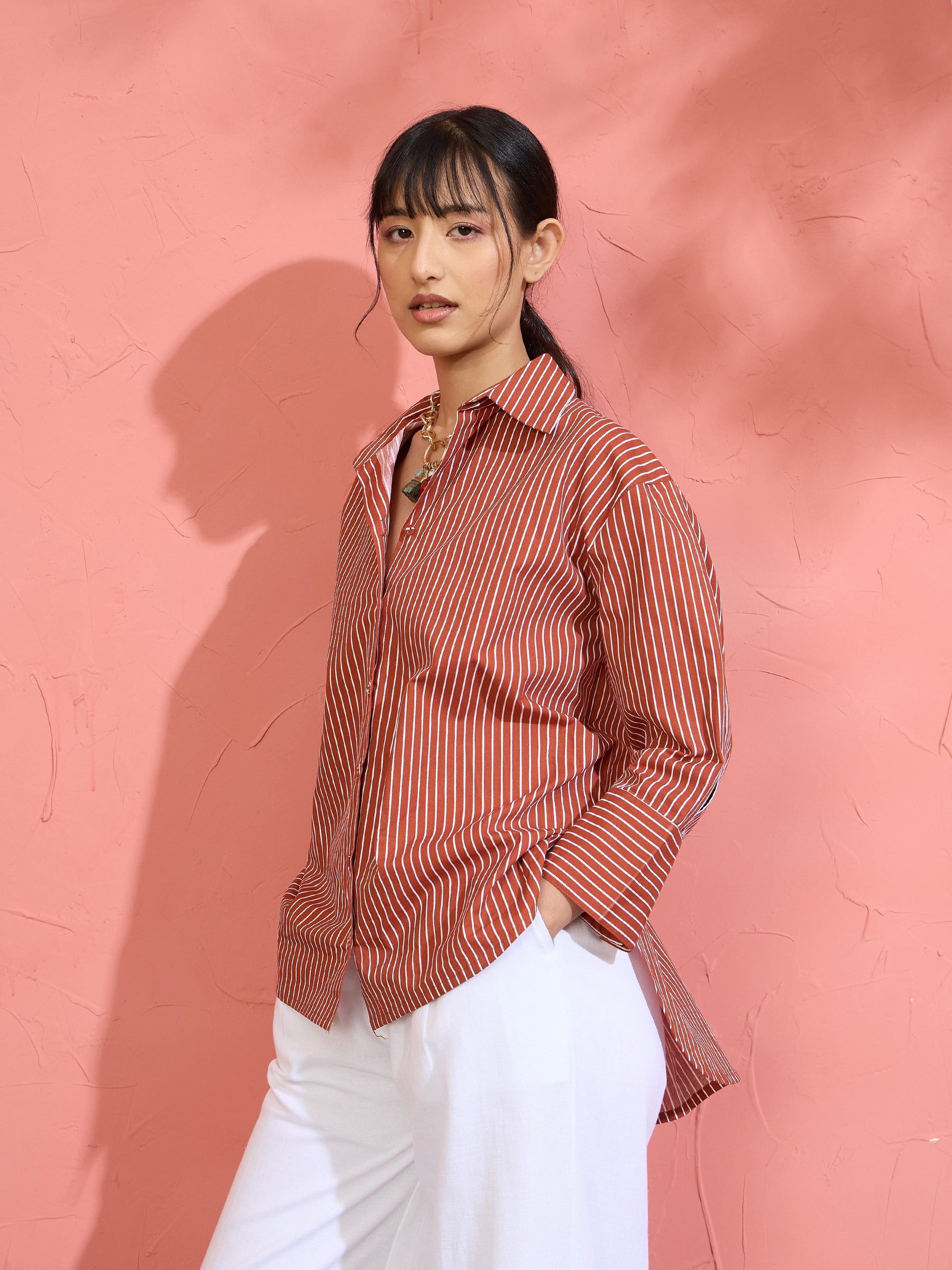 Brown Pin Stripe High-Low Oversized Shirt-Pink Paprika by SASSAFRAS