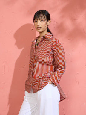Brown Pin Stripe High-Low Oversized Shirt-Pink Paprika by SASSAFRAS