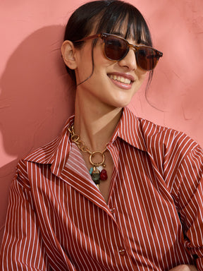 Brown Pin Stripe High-Low Oversized Shirt-Pink Paprika by SASSAFRAS