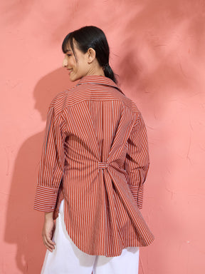 Brown Pin Stripe High-Low Oversized Shirt-Pink Paprika by SASSAFRAS