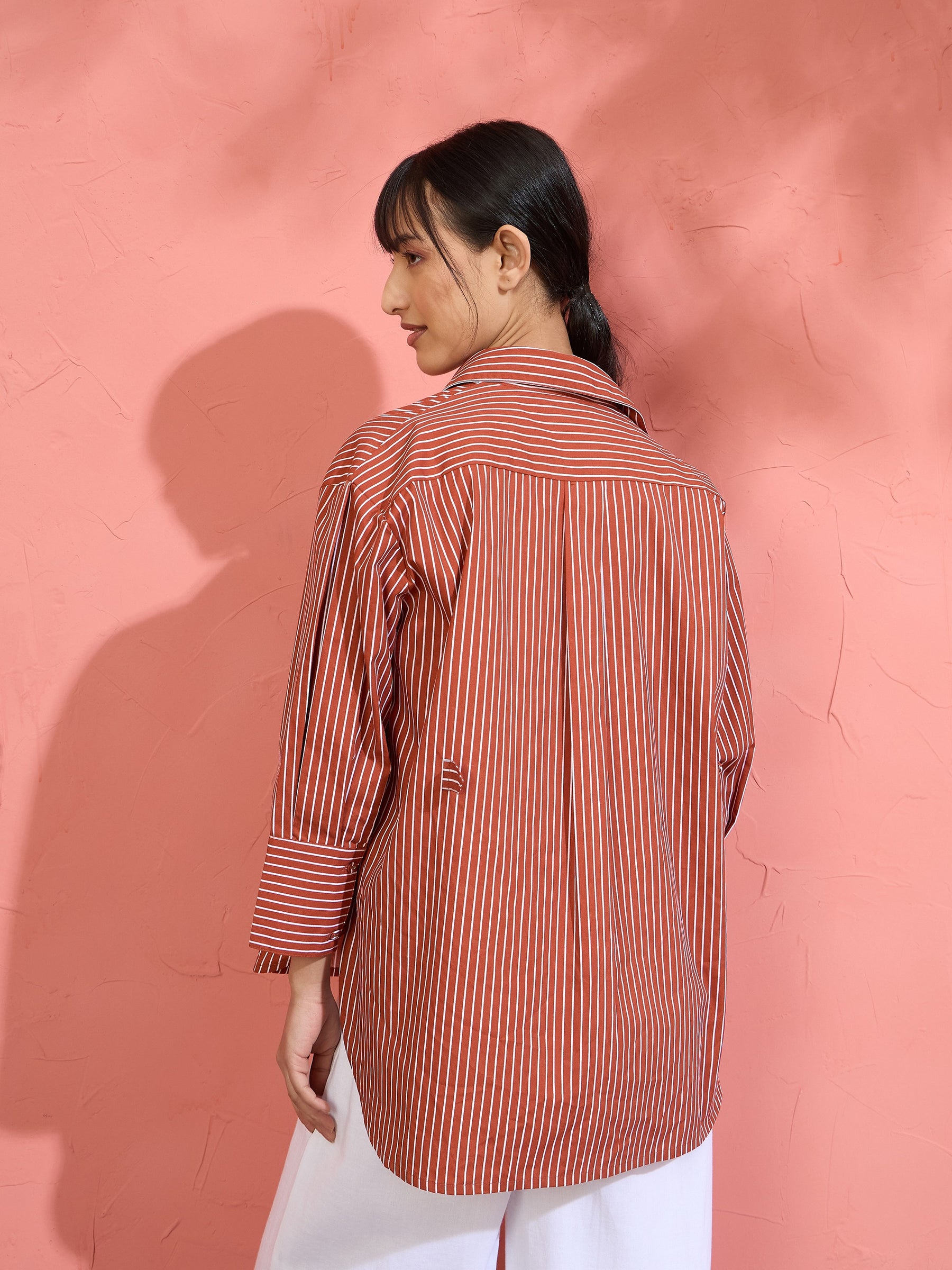 Women Brown Pin Stripe High-Low Oversized Shirt