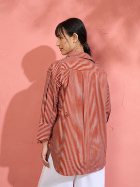 Women Brown Pin Stripe High-Low Oversized Shirt