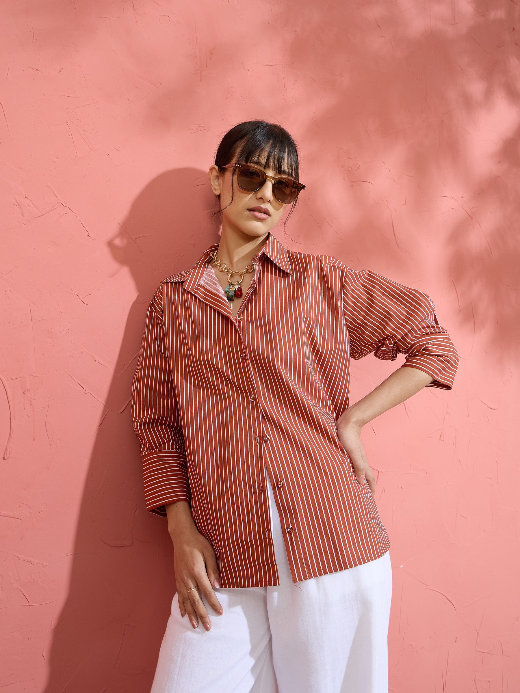 Women Brown Pin Stripe High-Low Oversized Shirt