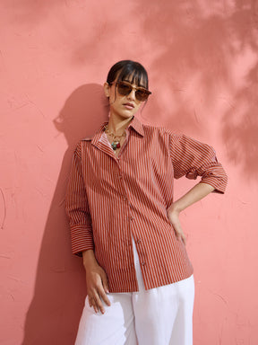 Women Brown Pin Stripe High-Low Oversized Shirt