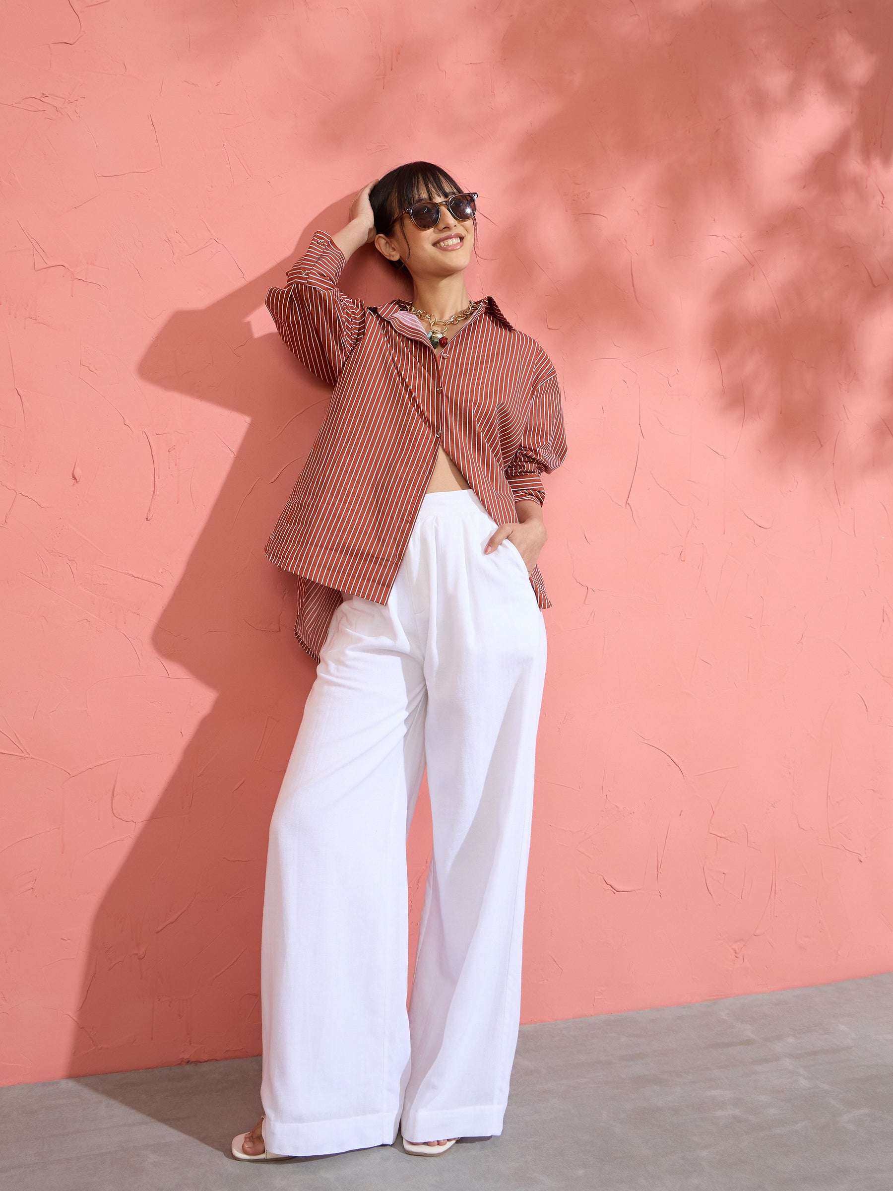 Women Brown Pin Stripe High-Low Oversized Shirt
