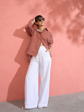 Women Brown Pin Stripe High-Low Oversized Shirt