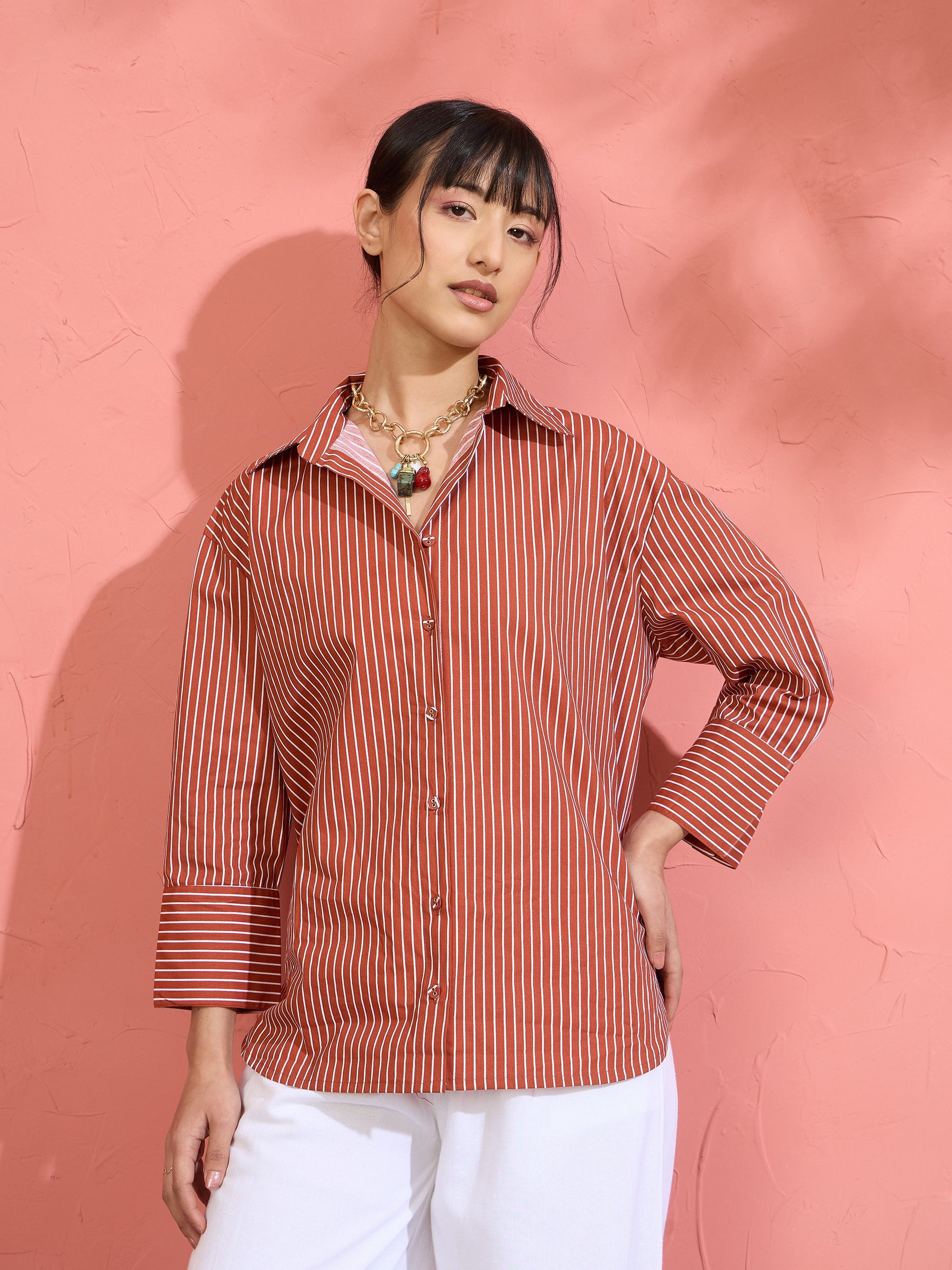 Women Brown Pin Stripe High-Low Oversized Shirt