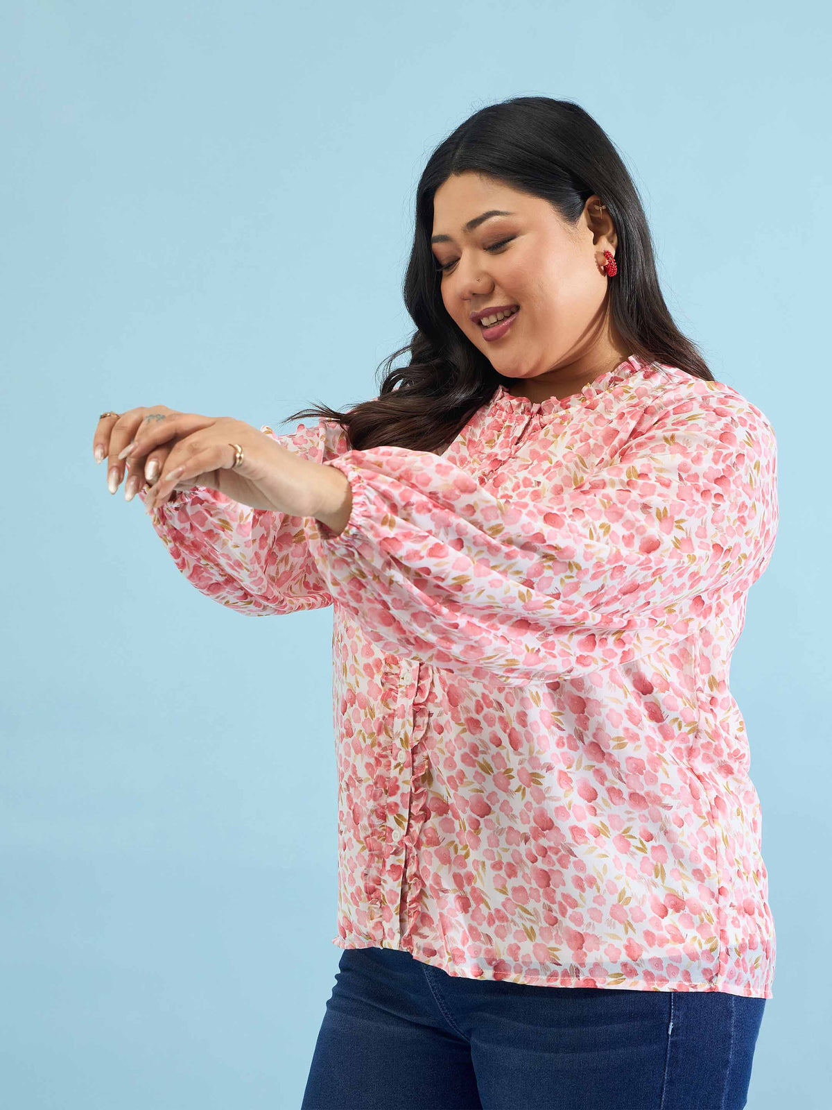Pink Floral Ruffle Neck Regular Shirt-SASSAFRAS Curve