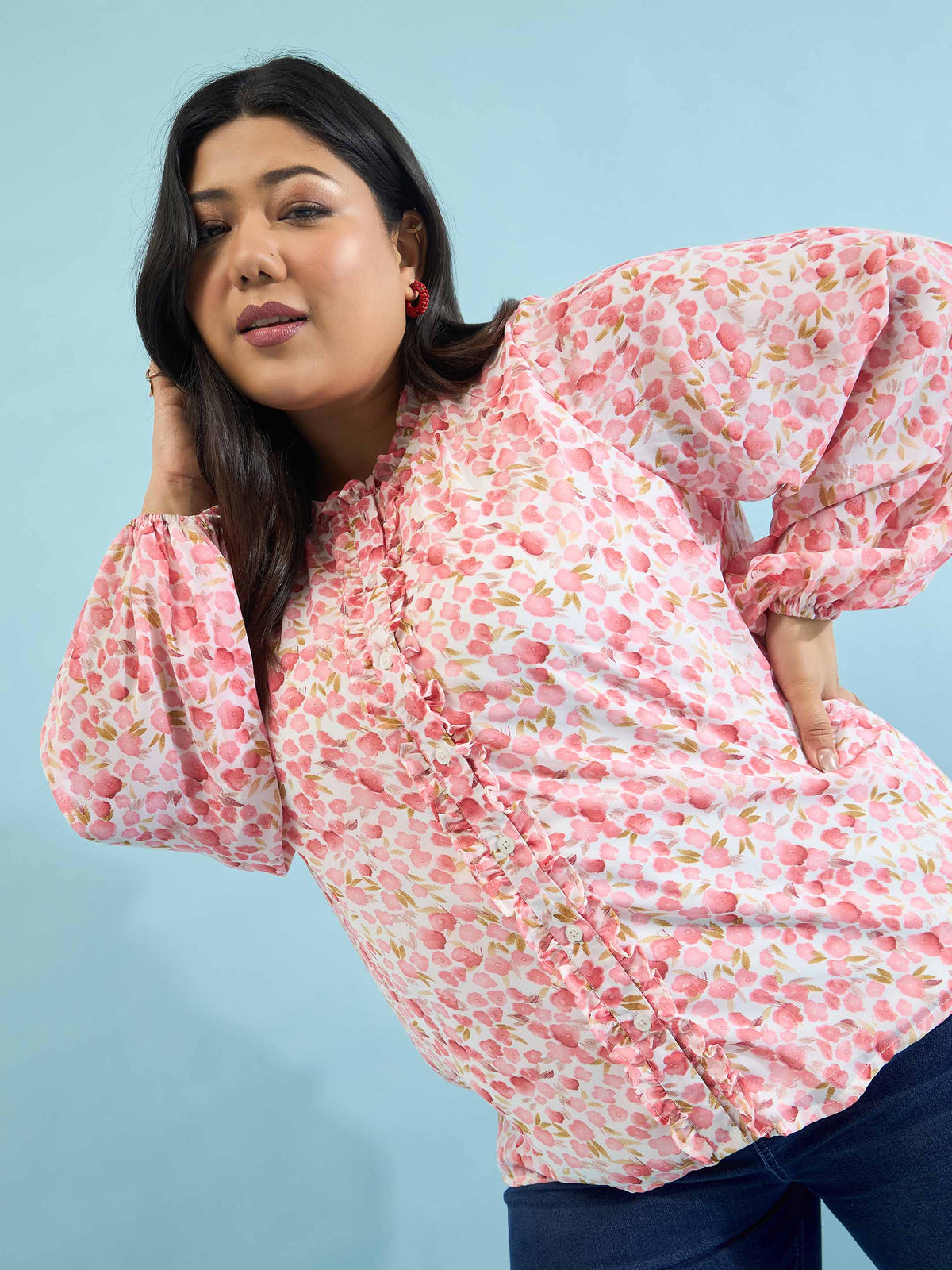 Pink Floral Ruffle Neck Regular Shirt-SASSAFRAS Curve