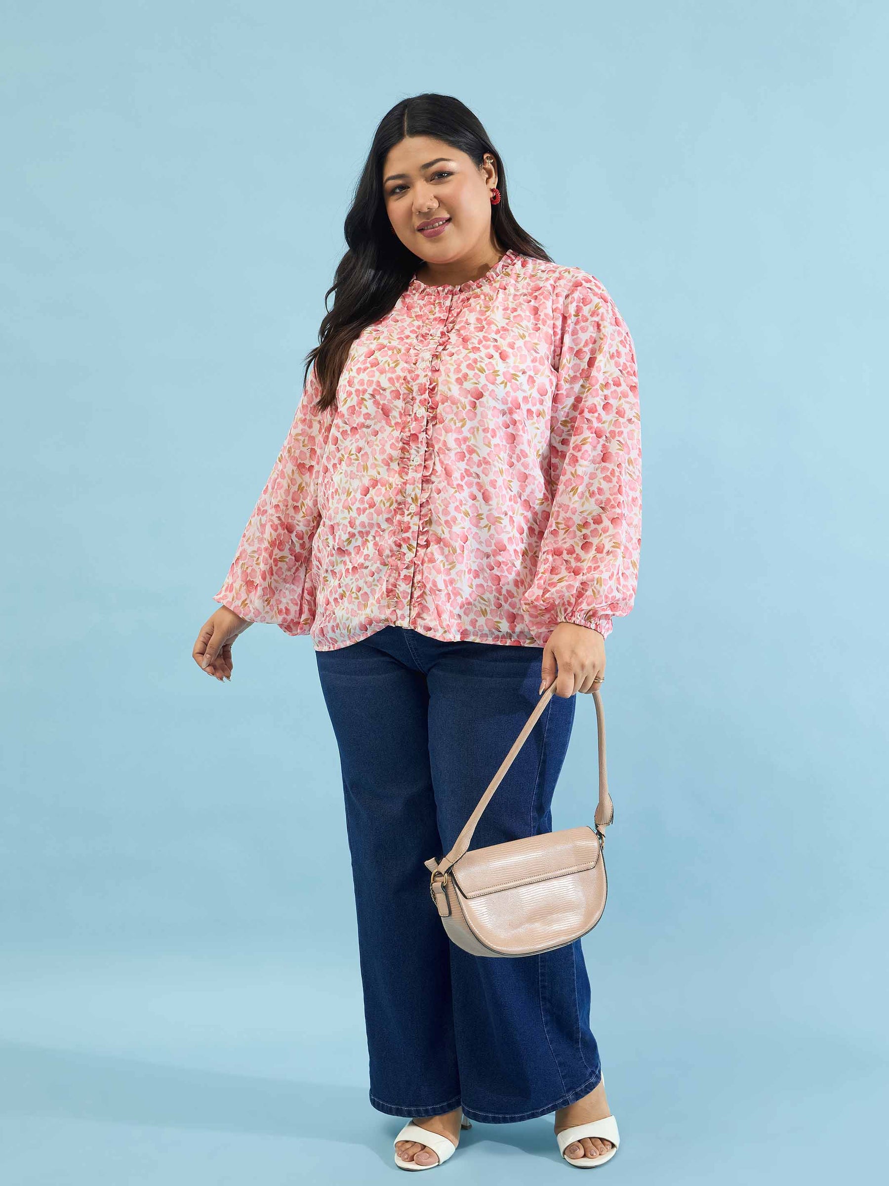 Pink Floral Ruffle Neck Regular Shirt-SASSAFRAS Curve