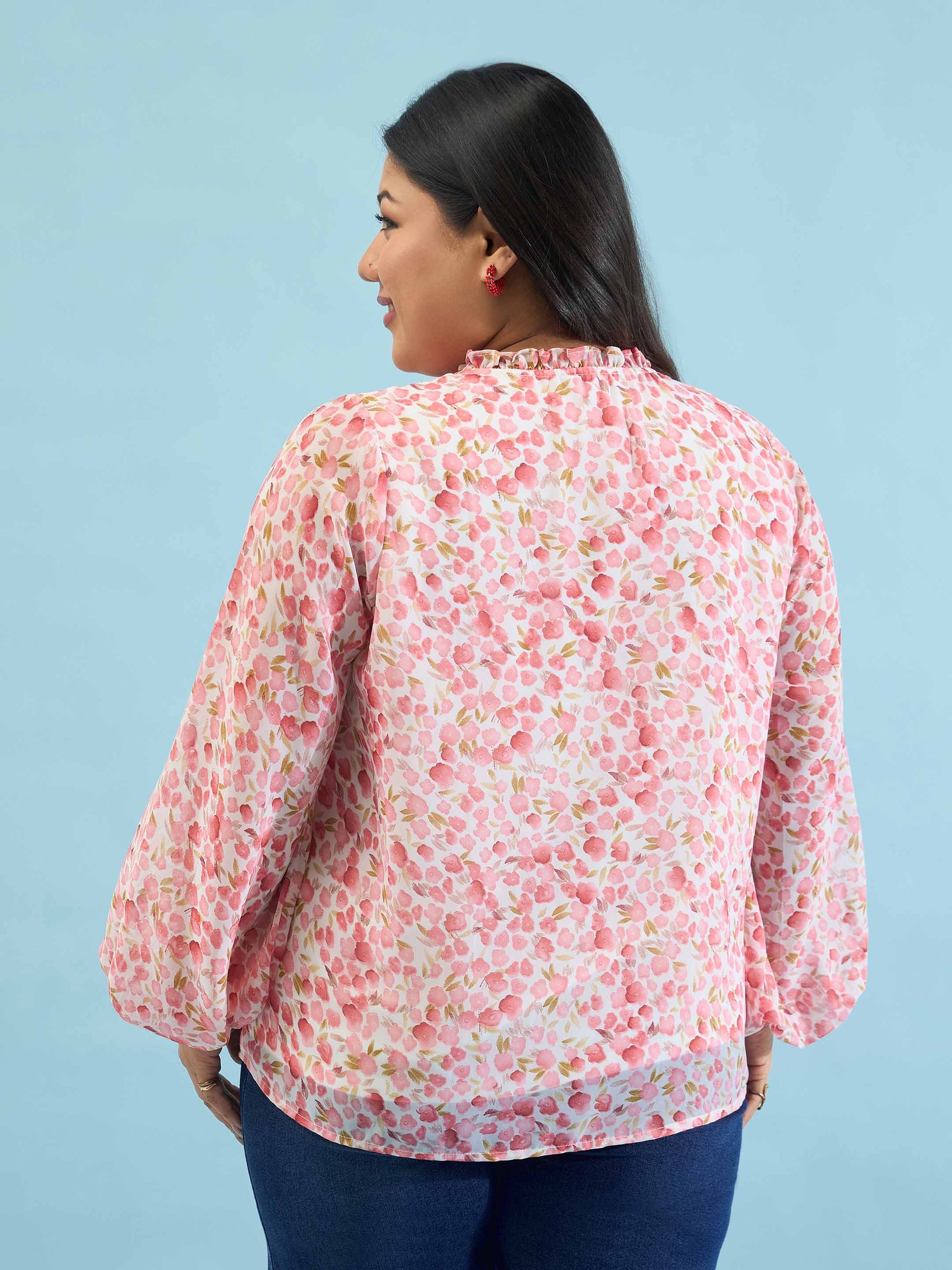 Pink Floral Ruffle Neck Regular Shirt-SASSAFRAS Curve