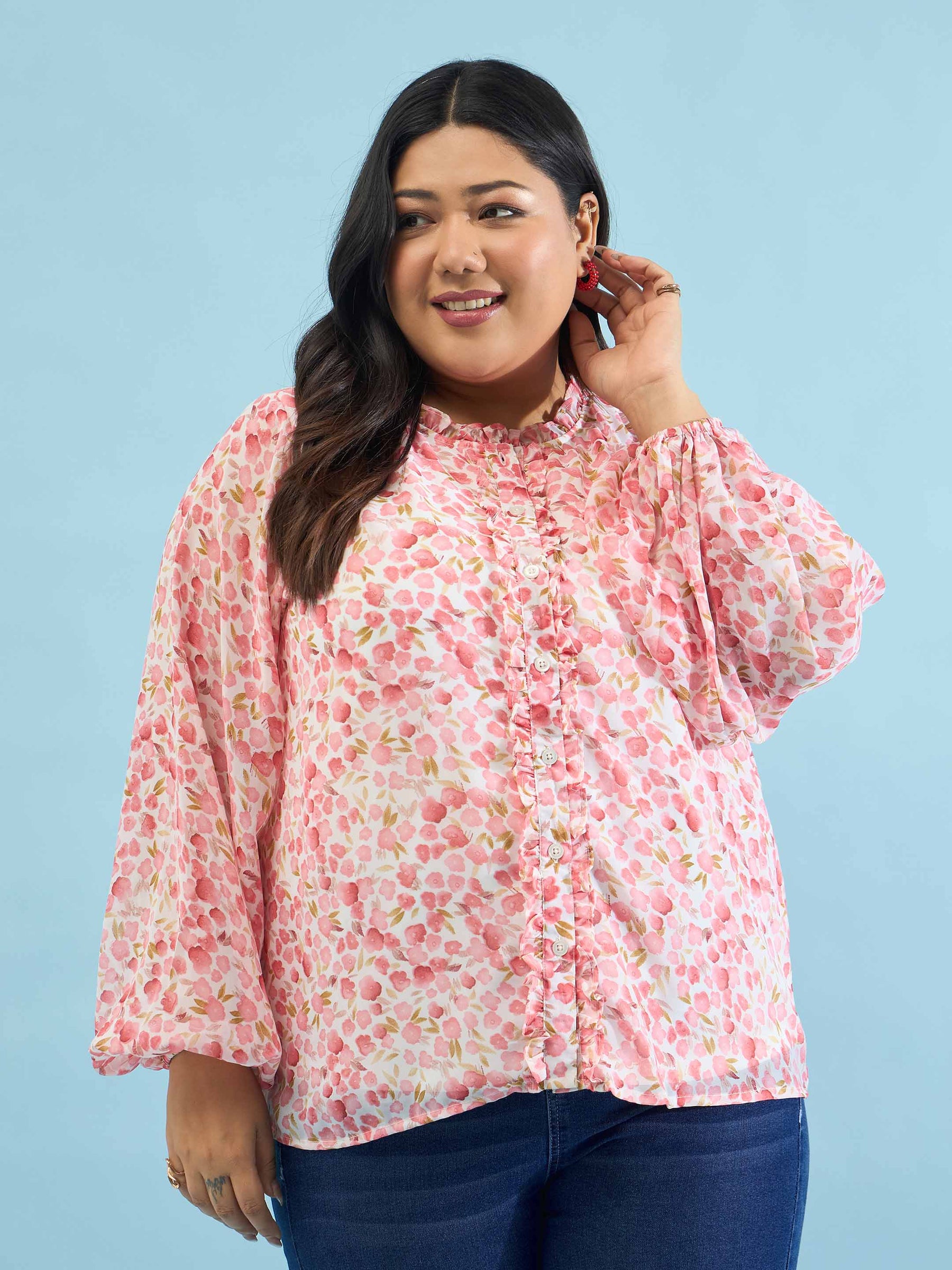 Women Pink Floral Ruffle Neck Regular Shirt