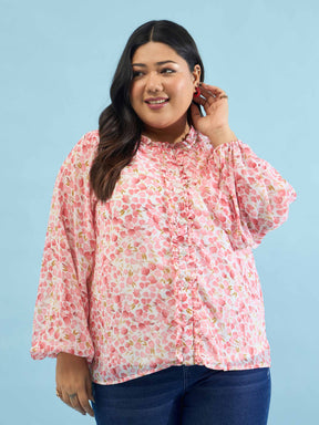 Women Pink Floral Ruffle Neck Regular Shirt