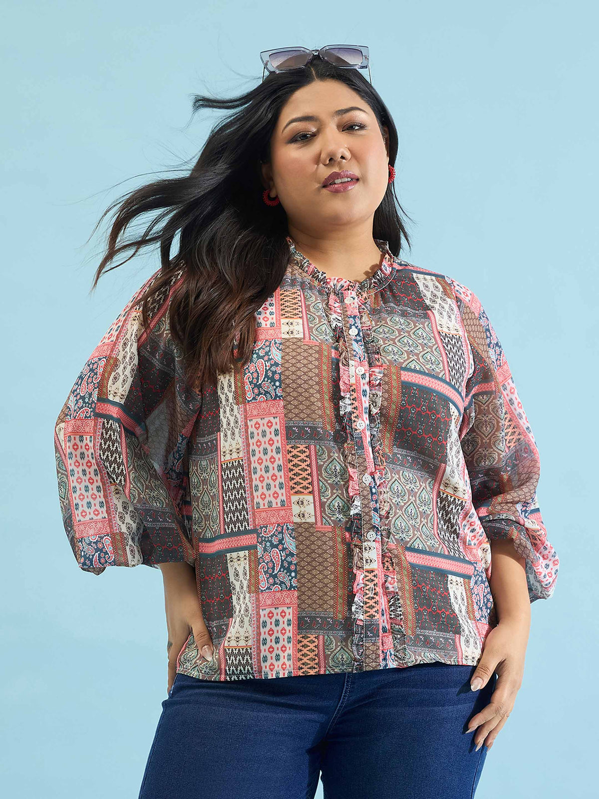 Brown Scarf Print Ruffle Neck Regular Shirt-SASSAFRAS Curve