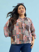 Brown Scarf Print Ruffle Neck Regular Shirt-SASSAFRAS Curve