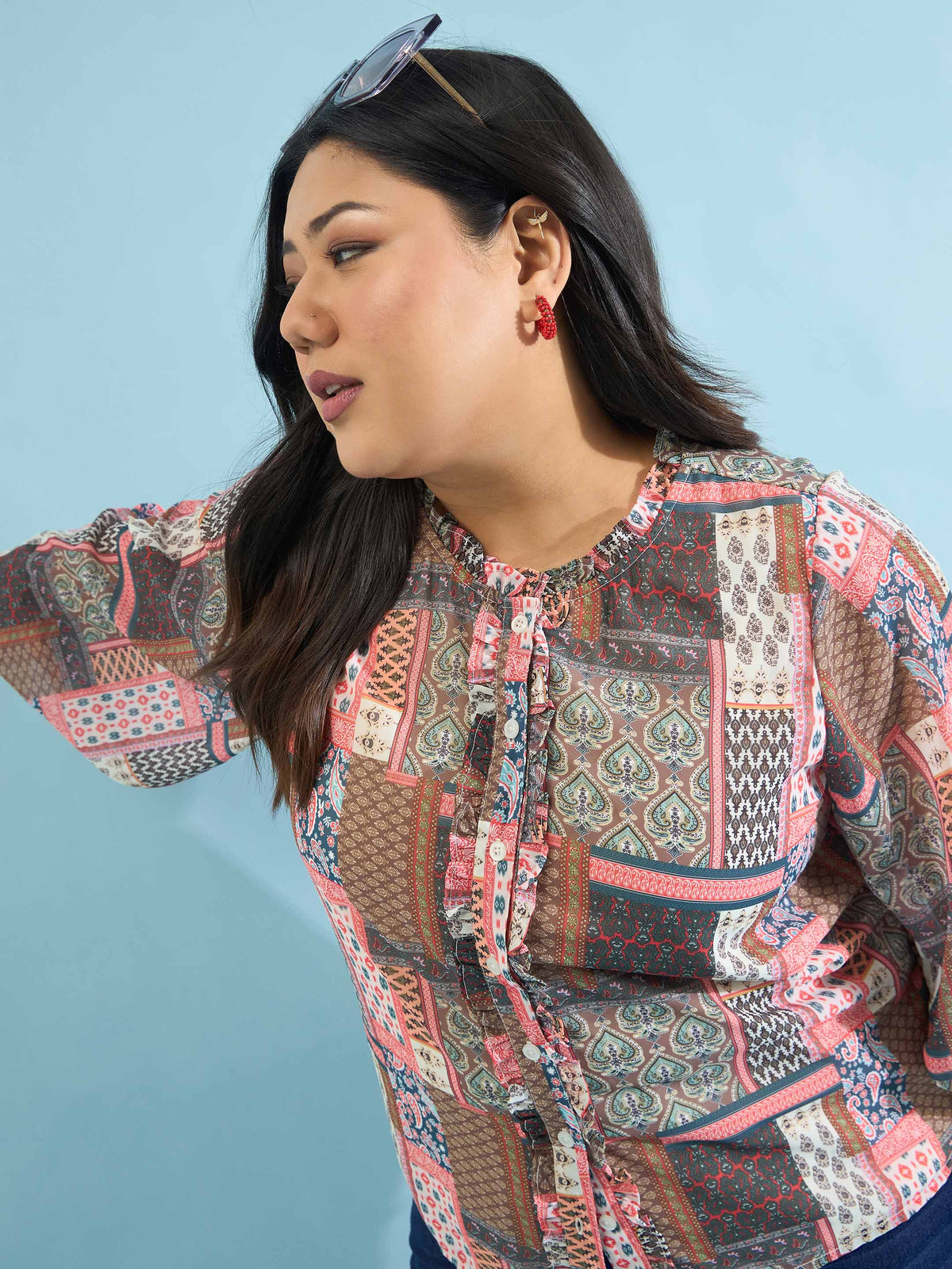 Brown Scarf Print Ruffle Neck Regular Shirt-SASSAFRAS Curve