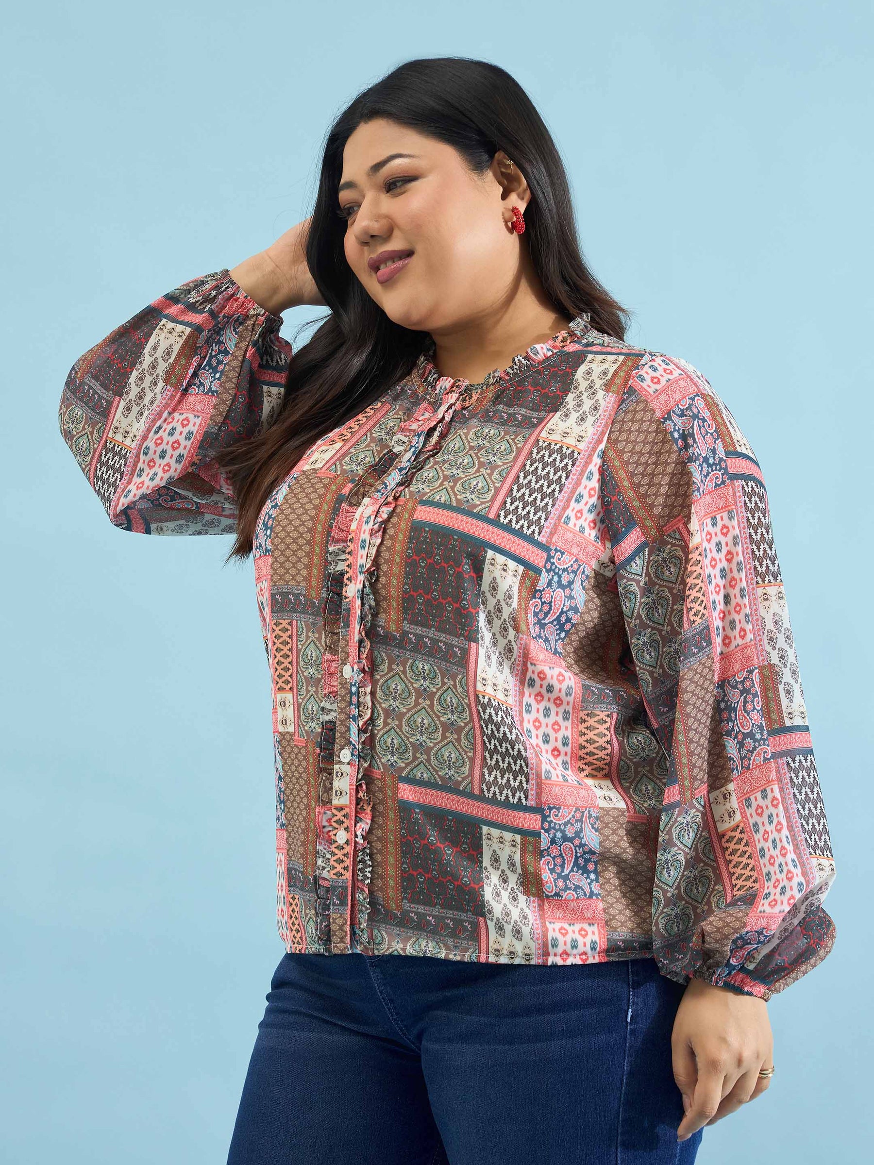 Brown Scarf Print Ruffle Neck Regular Shirt-SASSAFRAS Curve