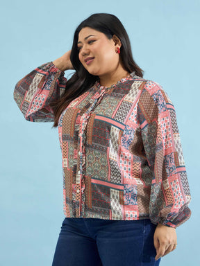 Brown Scarf Print Ruffle Neck Regular Shirt-SASSAFRAS Curve