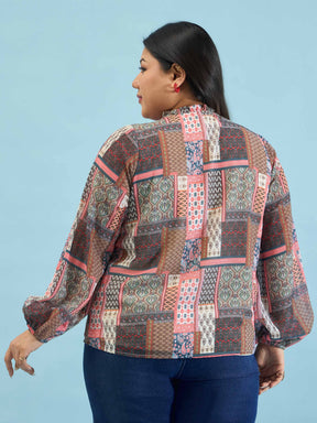 Brown Scarf Print Ruffle Neck Regular Shirt-SASSAFRAS Curve