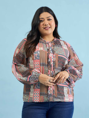 Women Brown Scarf Print Ruffle Neck Regular Shirt