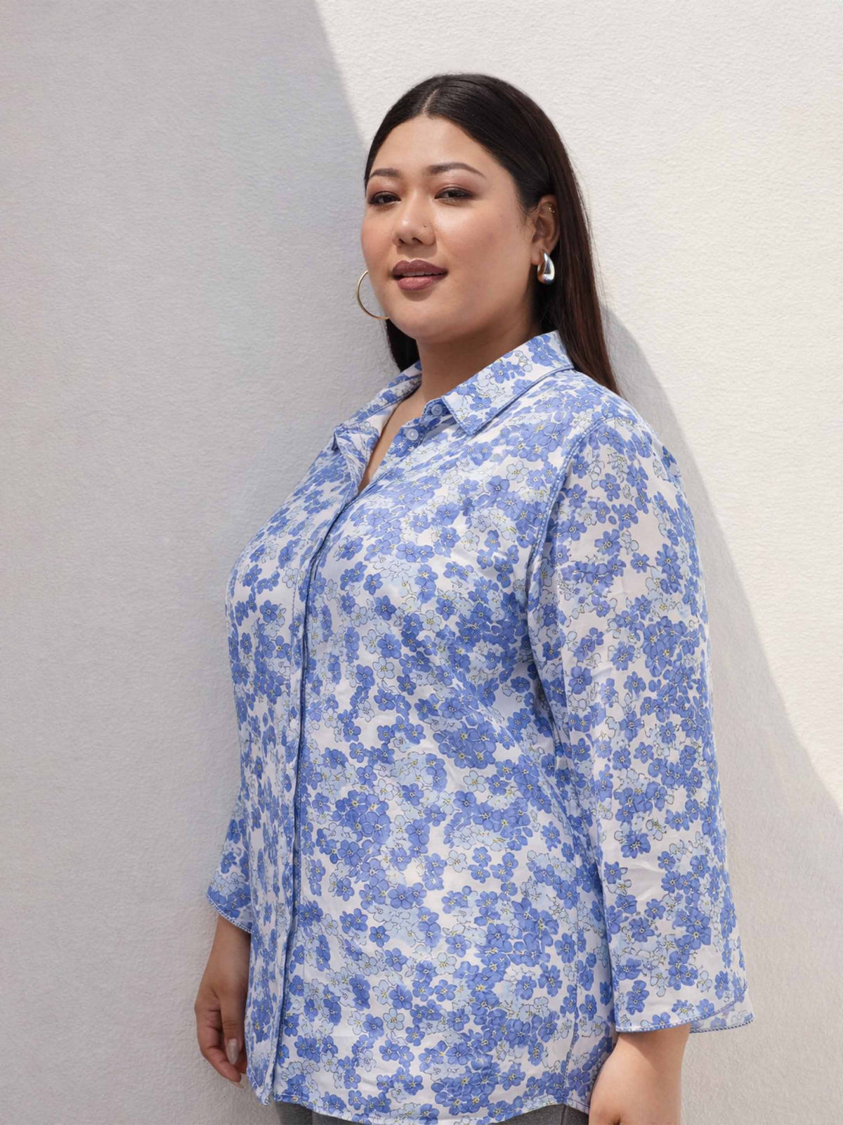 Blue Floral Flared Sleeves Regular Shirt-SASSAFRAS Curve