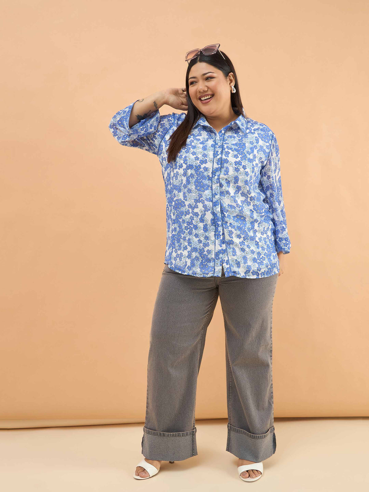 Blue Floral Flared Sleeves Regular Shirt-SASSAFRAS Curve
