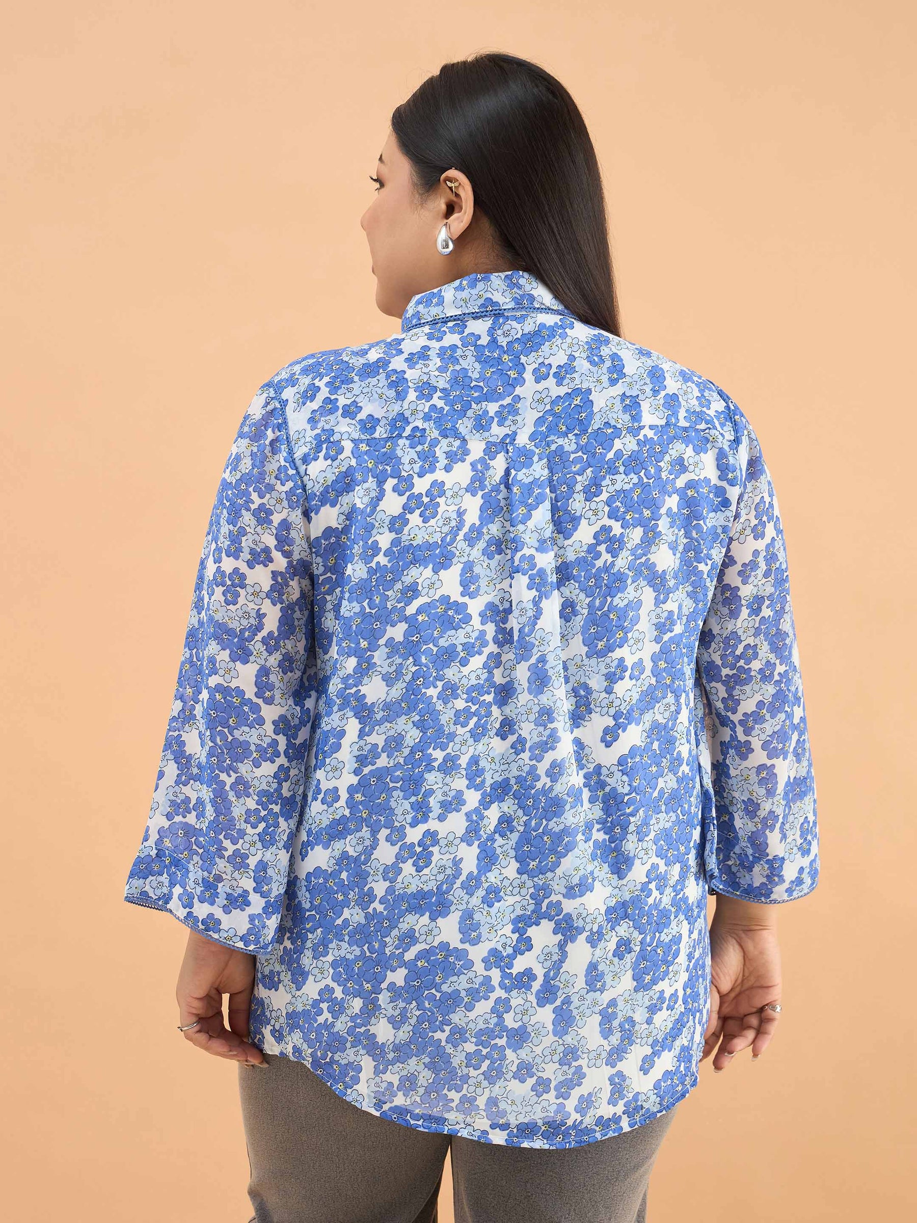 Blue Floral Flared Sleeves Regular Shirt-SASSAFRAS Curve