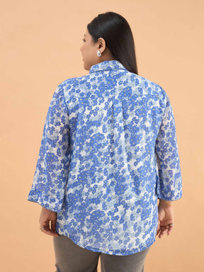 Blue Floral Flared Sleeves Regular Shirt-SASSAFRAS Curve