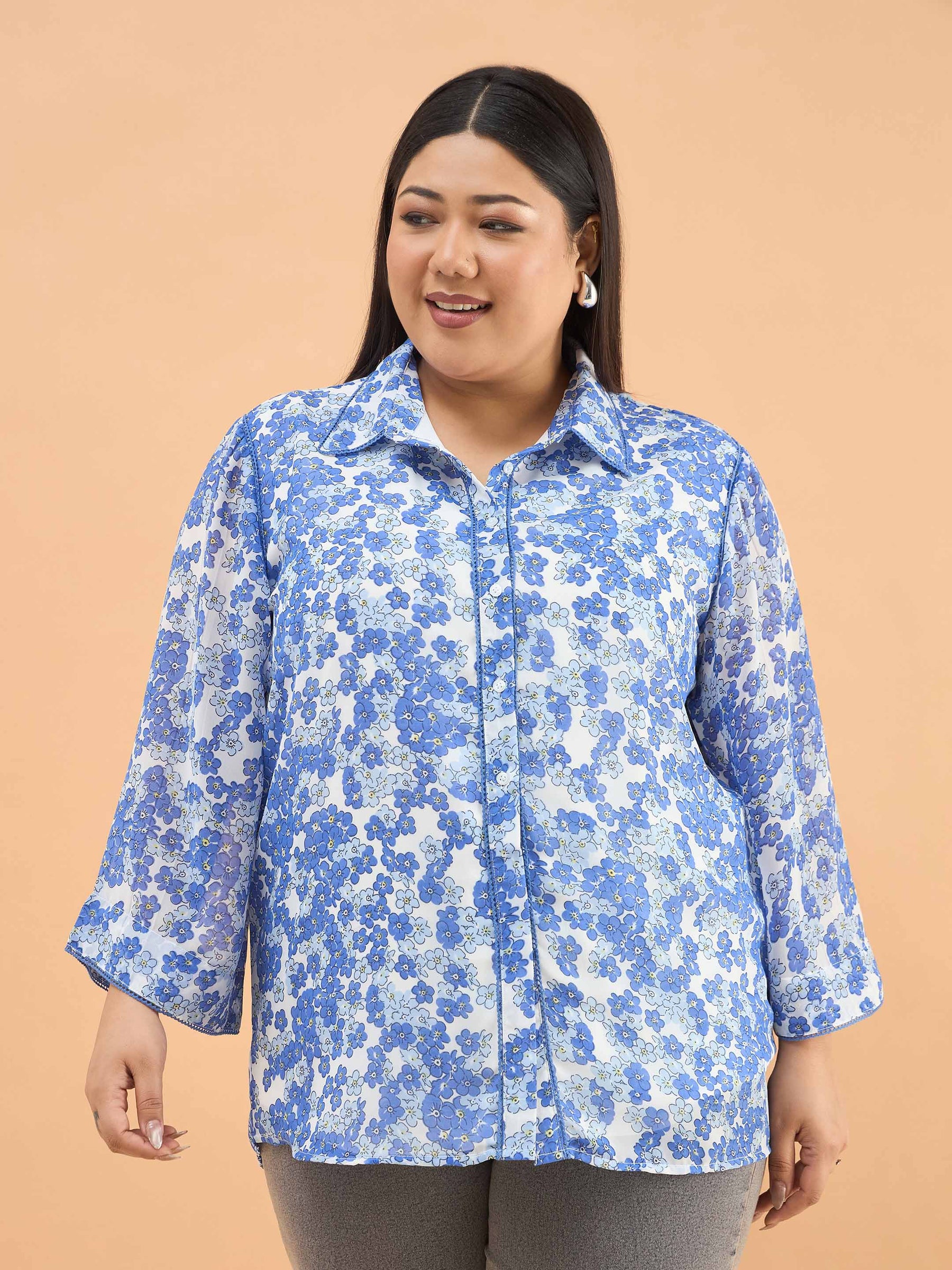 Women Blue Floral Flared Sleeves Regular Shirt