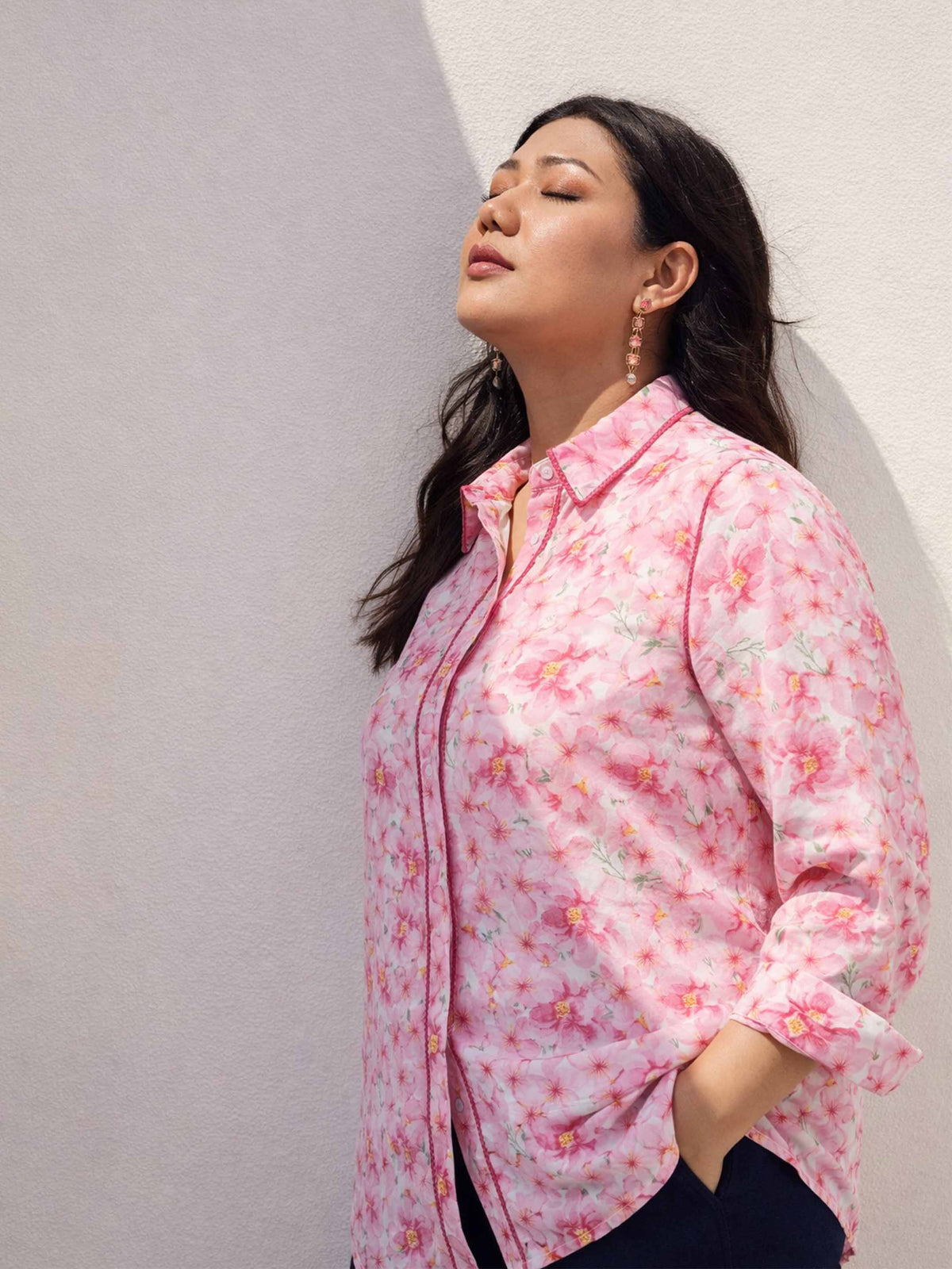 Pink Floral Flared Sleeves Regular Shirt -SASSAFRAS Curve