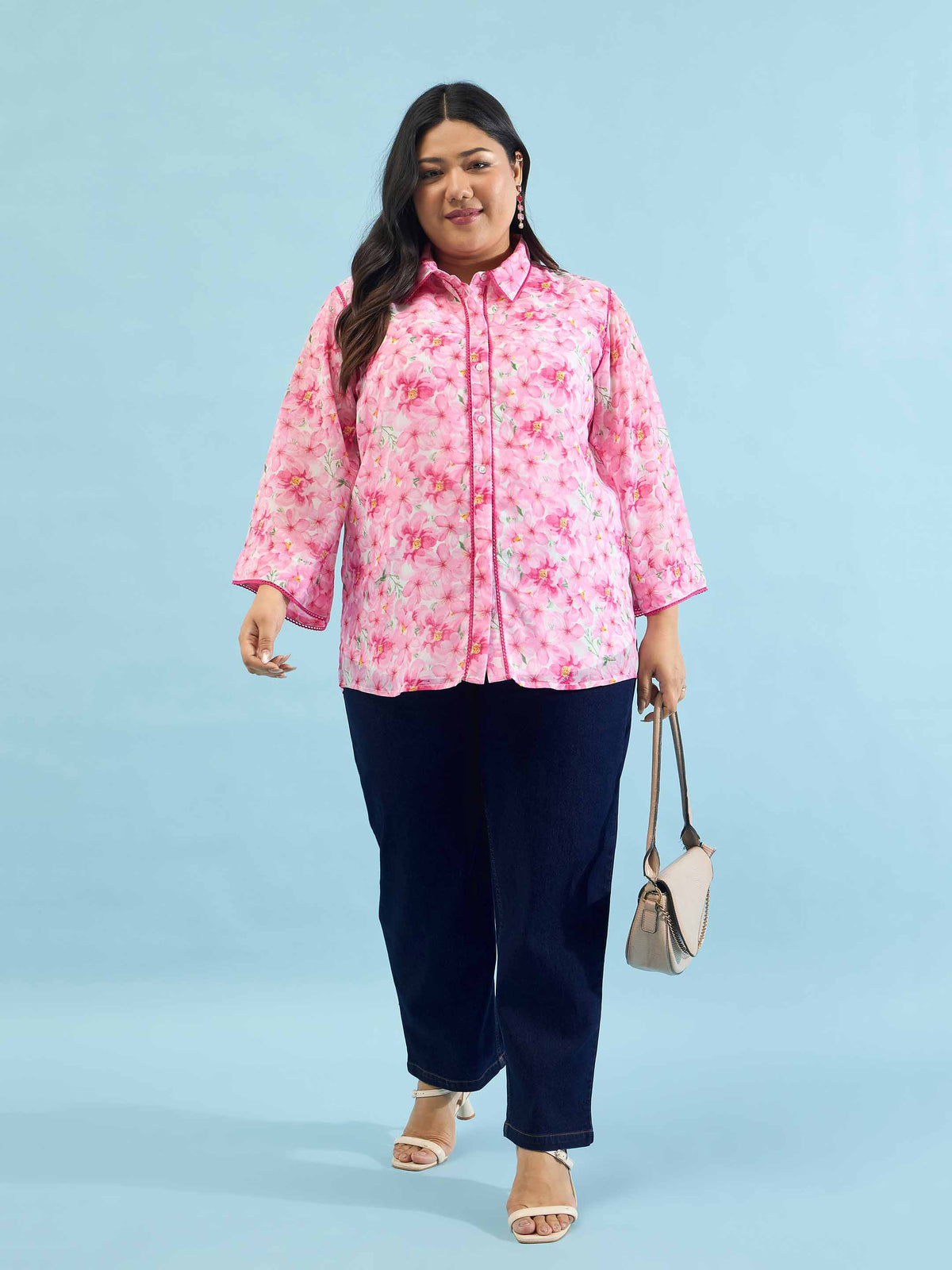 Pink Floral Flared Sleeves Regular Shirt -SASSAFRAS Curve