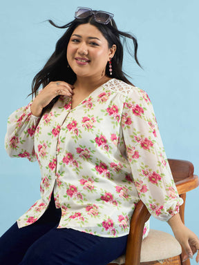 White & Pink Floral V Neck Button Down Shirt-SASSAFRAS Curve