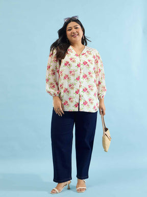 White & Pink Floral V Neck Button Down Shirt-SASSAFRAS Curve