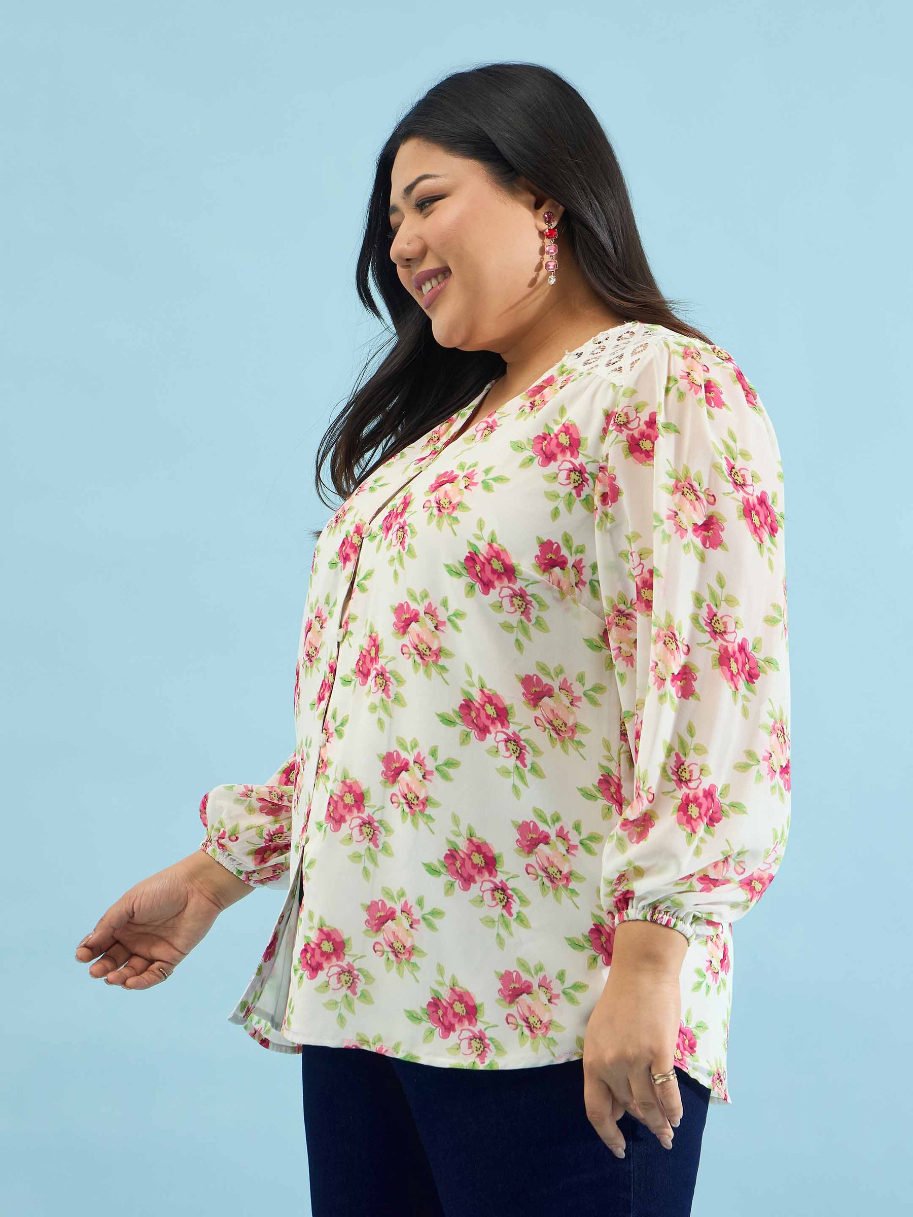 White & Pink Floral V Neck Button Down Shirt-SASSAFRAS Curve
