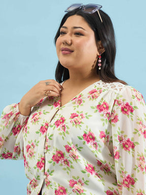 White & Pink Floral V Neck Button Down Shirt-SASSAFRAS Curve