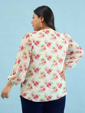 White & Pink Floral V Neck Button Down Shirt-SASSAFRAS Curve