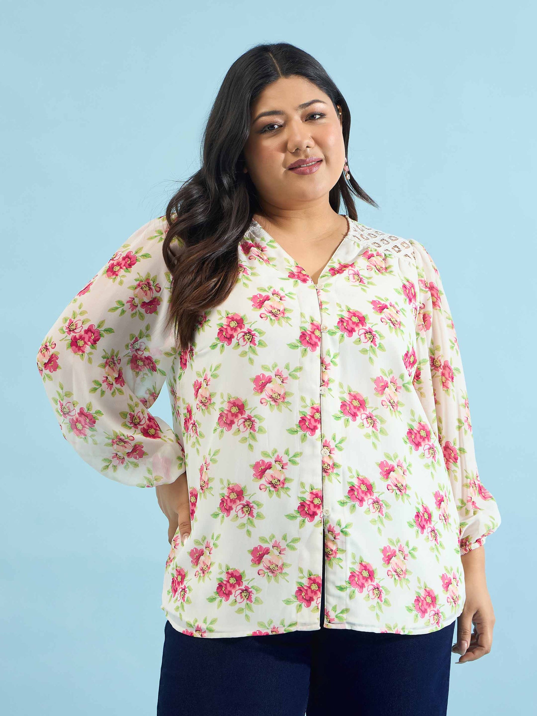 Women White & Pink Floral V Neck Button Down Shirt