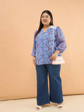 Blue & Pink Floral V Neck Button Down Shirt-SASSAFRAS Curve