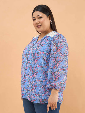 Blue & Pink Floral V Neck Button Down Shirt-SASSAFRAS Curve