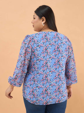 Blue & Pink Floral V Neck Button Down Shirt-SASSAFRAS Curve