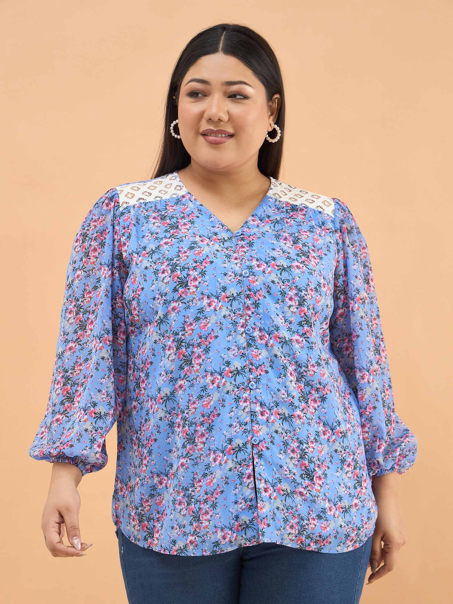 Women Blue & Pink Floral V Neck Button Down Shirt