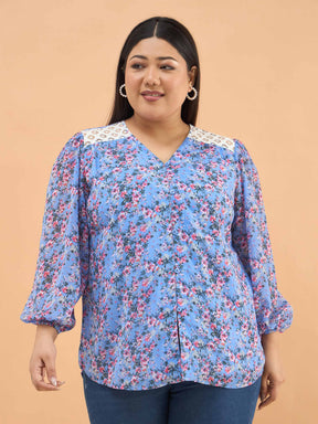 Women Blue & Pink Floral V Neck Button Down Shirt