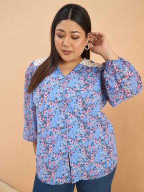Women Blue & Pink Floral V Neck Button Down Shirt