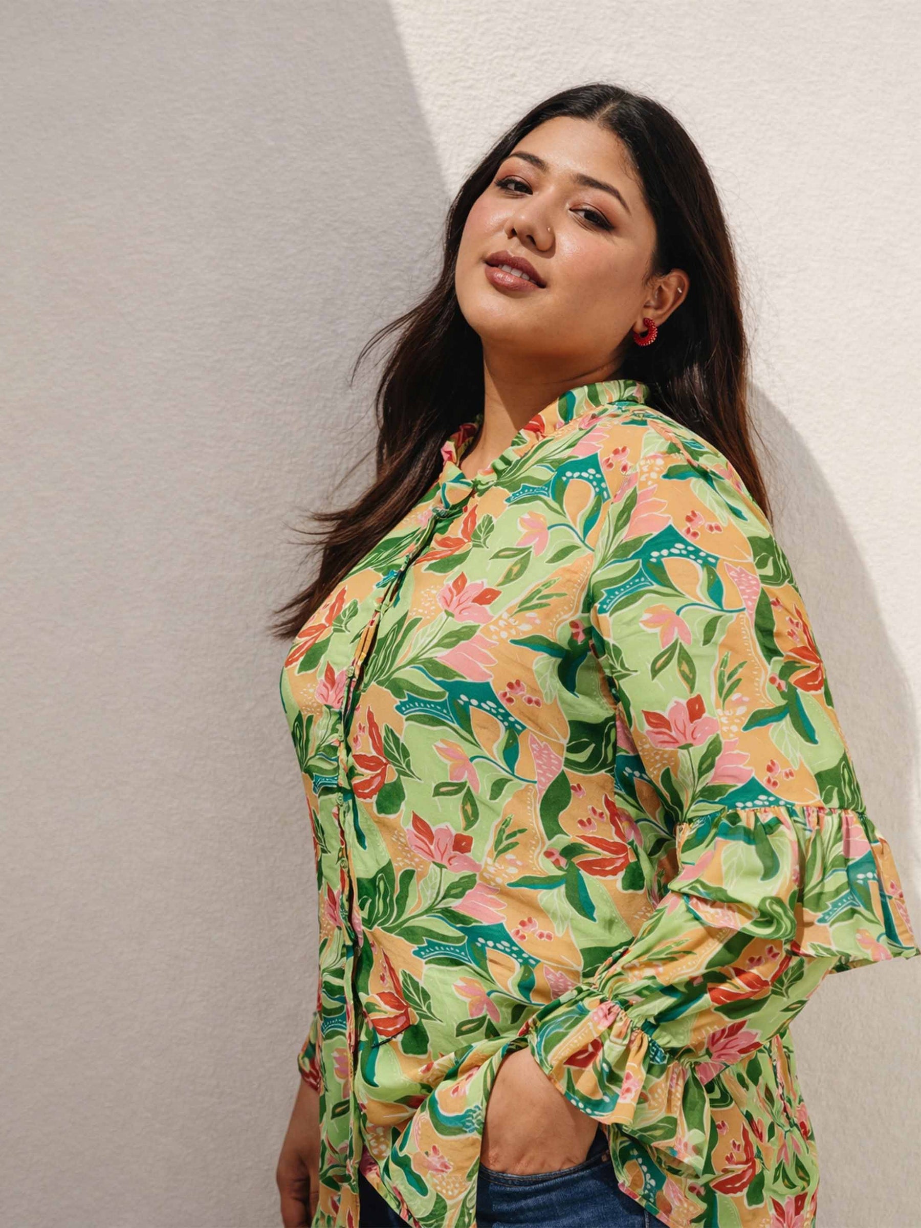 Green Floral Frill Sleeves Button Down Shirt -SASSAFRAS Curve