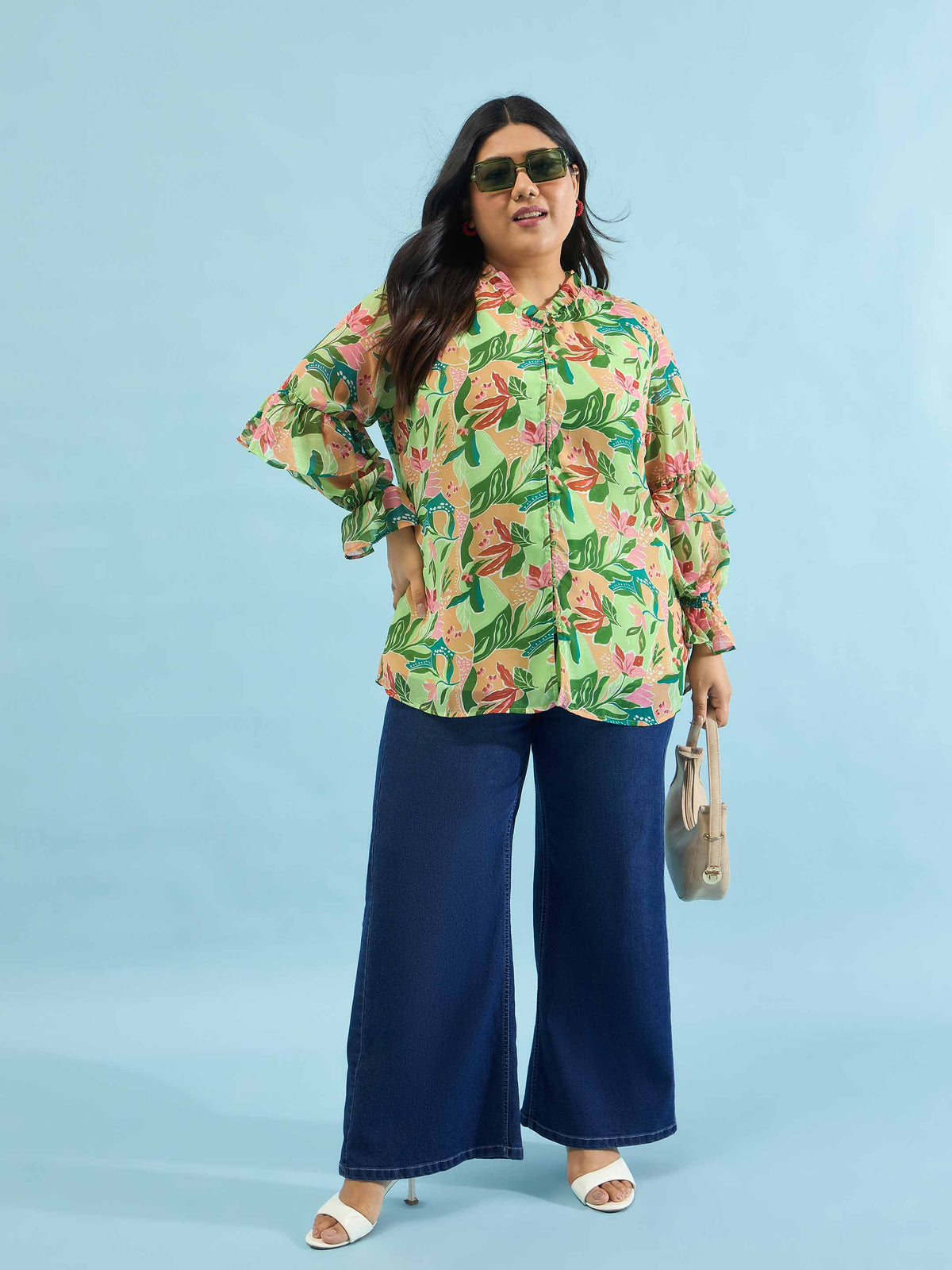 Green Floral Frill Sleeves Button Down Shirt -SASSAFRAS Curve
