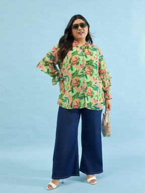 Green Floral Frill Sleeves Button Down Shirt -SASSAFRAS Curve