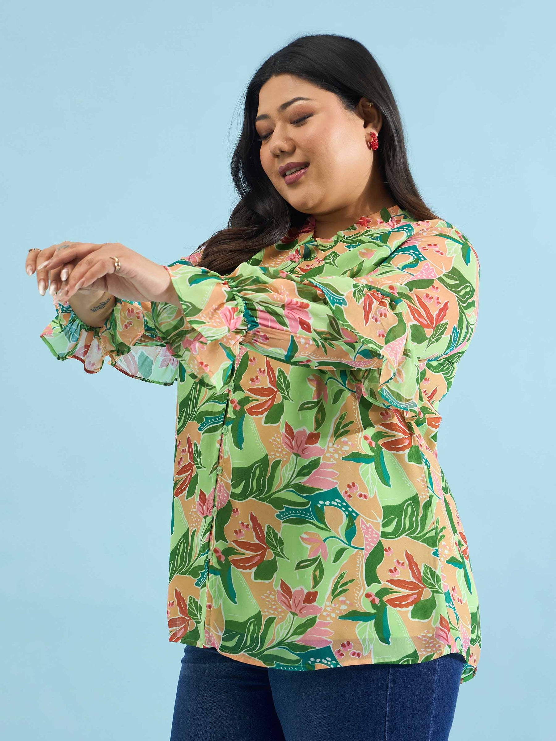 Green Floral Frill Sleeves Button Down Shirt -SASSAFRAS Curve