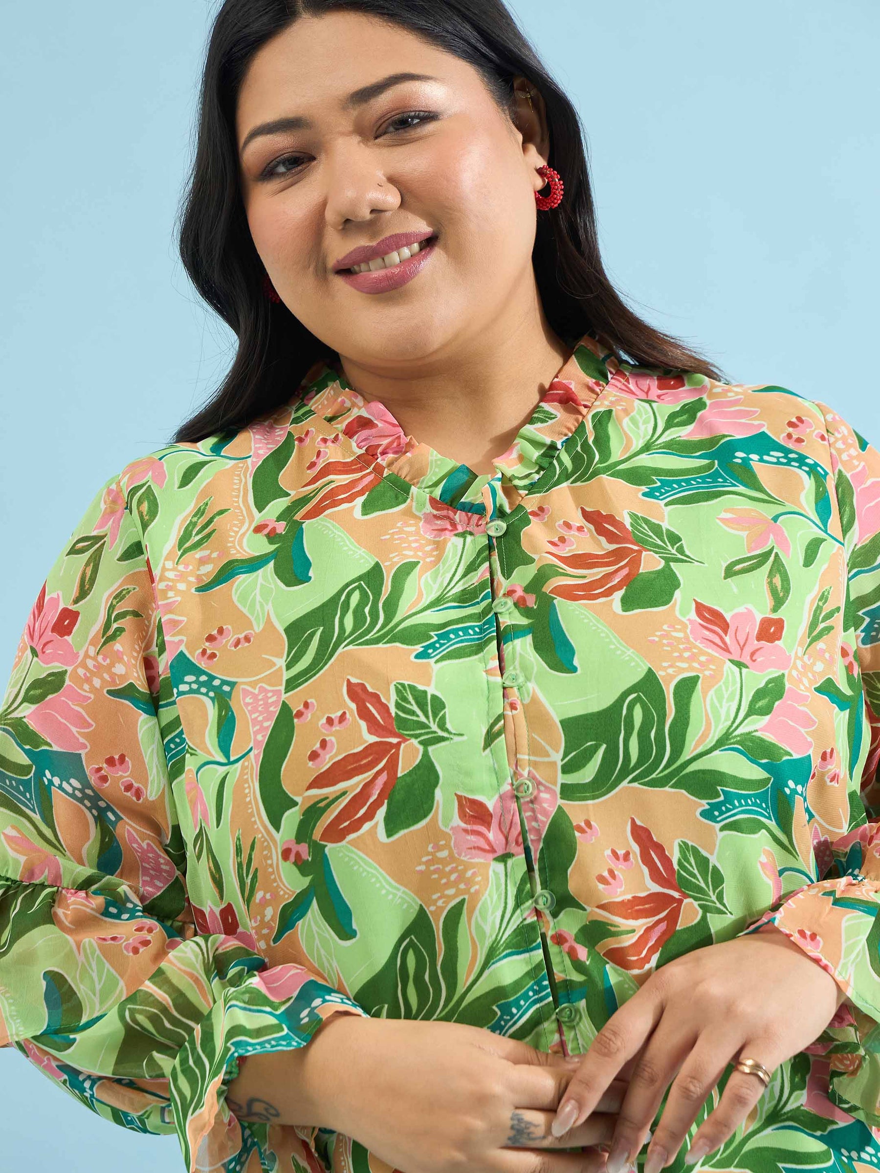 Green Floral Frill Sleeves Button Down Shirt -SASSAFRAS Curve